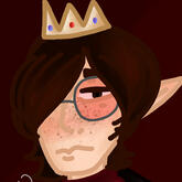 Riv wearing red sunglasses, a crown with three gems in the colors blue and red, with elf ears, on red background.